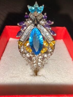 Multi-Gem Statement Cocktail Ring - Blue, Purple & Yellow